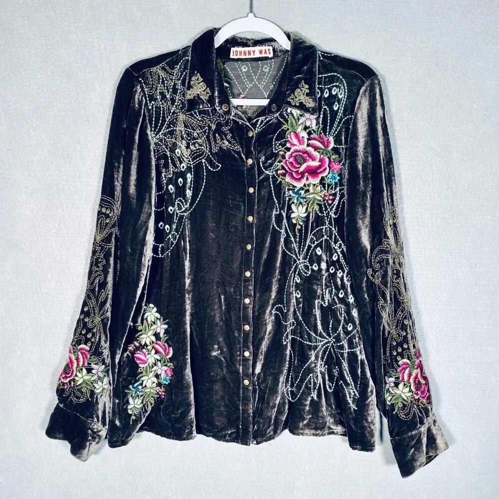 Johnny Was Top Womens L Brown Velvet Floral Embroidered Boho Blouse